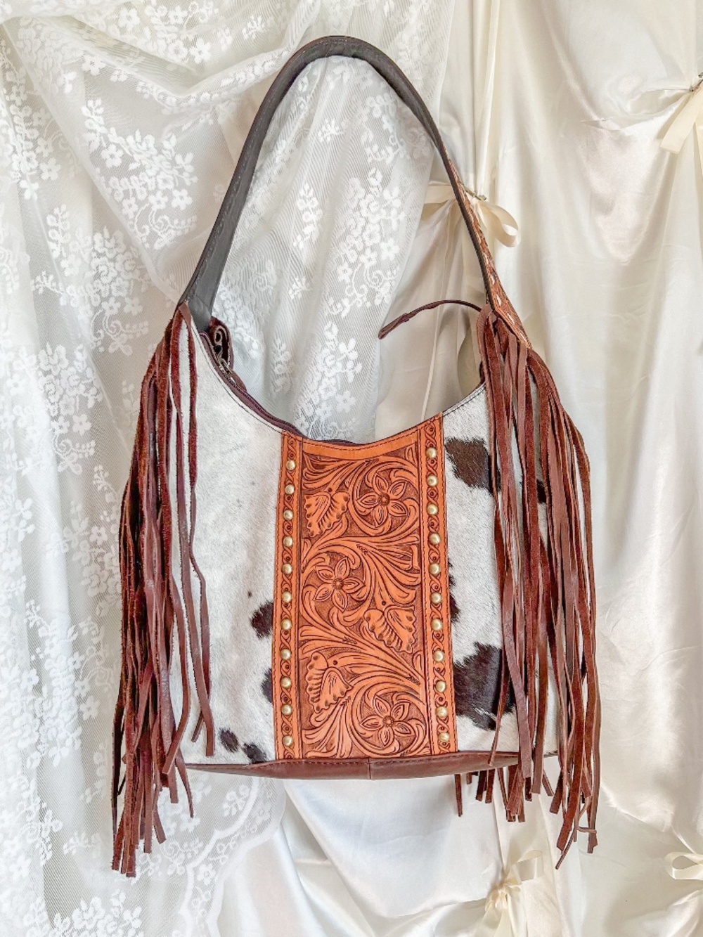 American Darling Cowhide Tooled Leather Fringe Western Shoulder Bag